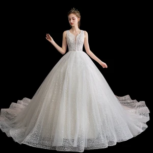 Classy Champagne Lace Wedding Dresses 2019 A Line Princess Deep V Neck Sleeveless Backless Beading Pearl Sequins Glitter Chapel Train Ruffle