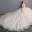 Edles Champagner Spitze Brautkleider / Hochzeitskleider 2019 A Linie Tiefer V-Ausschnitt Ärmellos Rückenfreies Perlenstickerei Perle Pailletten Glanz Kapelle-Schleppe Rüschen
