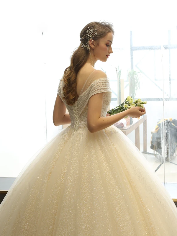 Best Champagne Lace Wedding Dresses 2019 A-Line / Princess See-through Deep V-Neck Short Sleeve Backless Beading Pearl Sequins Glitter Floor-Length / Long Ruffle