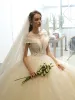 Best Champagne Lace Wedding Dresses 2019 A-Line / Princess See-through Deep V-Neck Short Sleeve Backless Beading Pearl Sequins Glitter Floor-Length / Long Ruffle