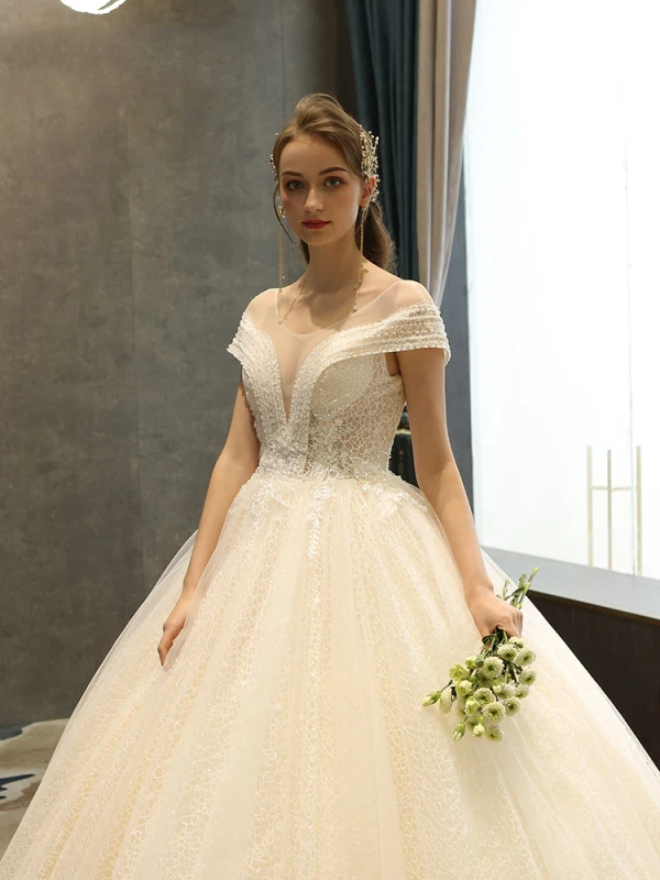 Best Champagne Lace Wedding Dresses 2019 A-Line / Princess See-through Deep V-Neck Short Sleeve Backless Beading Pearl Sequins Glitter Floor-Length / Long Ruffle
