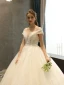 Best Champagne Lace Wedding Dresses 2019 A-Line / Princess See-through Deep V-Neck Short Sleeve Backless Beading Pearl Sequins Glitter Floor-Length / Long Ruffle