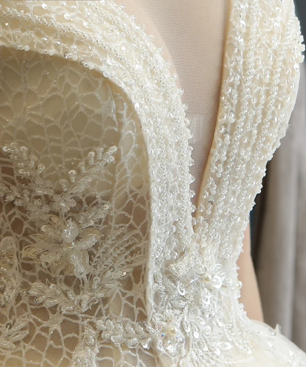 Best Champagne Lace Wedding Dresses 2019 A-Line / Princess See-through Deep V-Neck Short Sleeve Backless Beading Pearl Sequins Glitter Floor-Length / Long Ruffle