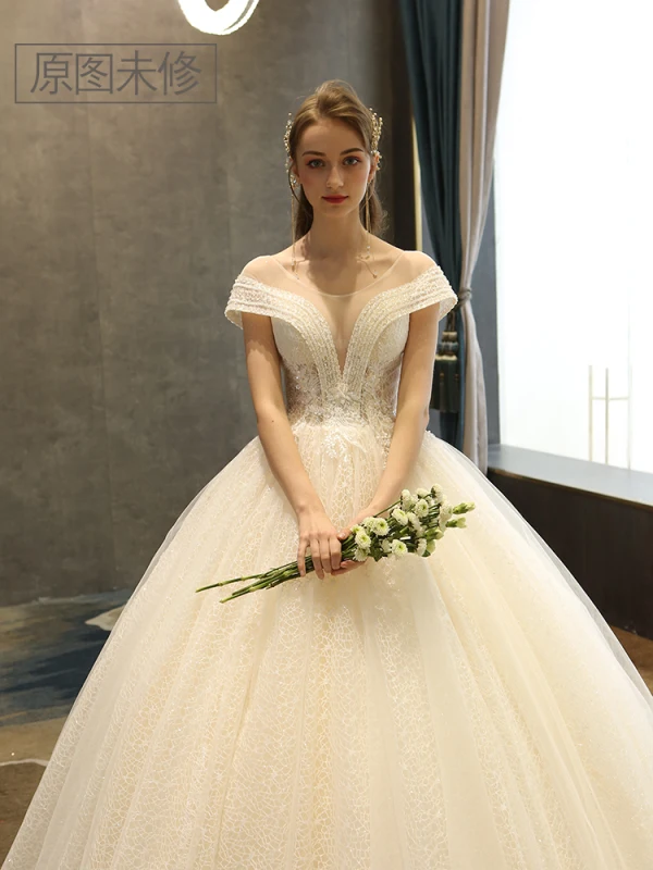 Best Champagne Lace Wedding Dresses 2019 A-Line / Princess See-through Deep V-Neck Short Sleeve Backless Beading Pearl Sequins Glitter Floor-Length / Long Ruffle