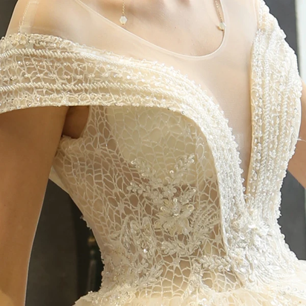 Best Champagne Lace Wedding Dresses 2019 A-Line / Princess See-through Deep V-Neck Short Sleeve Backless Beading Pearl Sequins Glitter Floor-Length / Long Ruffle