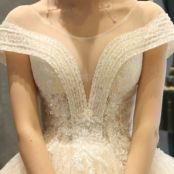 Best Champagne Lace Wedding Dresses 2019 A-Line / Princess See-through Deep V-Neck Short Sleeve Backless Beading Pearl Sequins Glitter Floor-Length / Long Ruffle