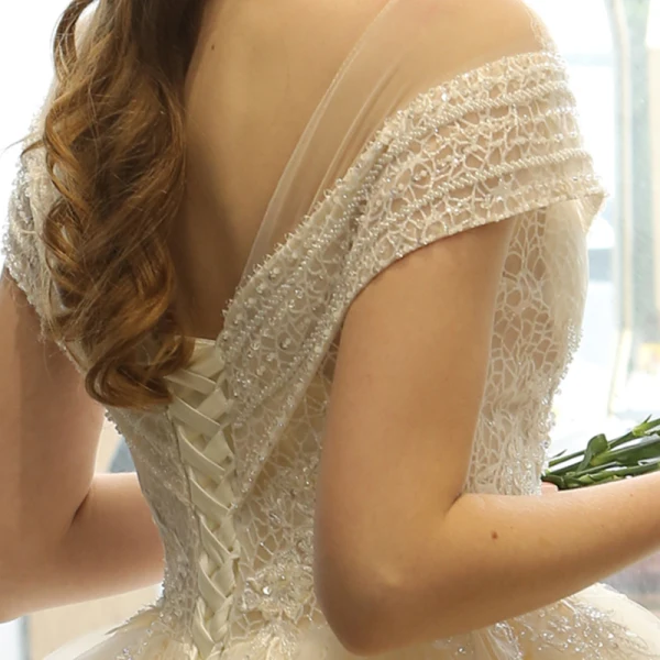 Best Champagne Lace Wedding Dresses 2019 A-Line / Princess See-through Deep V-Neck Short Sleeve Backless Beading Pearl Sequins Glitter Floor-Length / Long Ruffle