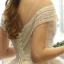 Best Champagne Lace Wedding Dresses 2019 A-Line / Princess See-through Deep V-Neck Short Sleeve Backless Beading Pearl Sequins Glitter Floor-Length / Long Ruffle