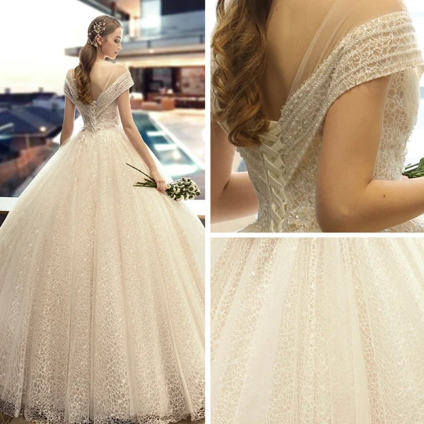 Best Champagne Lace Wedding Dresses 2019 A-Line / Princess See-through Deep V-Neck Short Sleeve Backless Beading Pearl Sequins Glitter Floor-Length / Long Ruffle