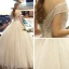 Best Champagne Lace Wedding Dresses 2019 A-Line / Princess See-through Deep V-Neck Short Sleeve Backless Beading Pearl Sequins Glitter Floor-Length / Long Ruffle