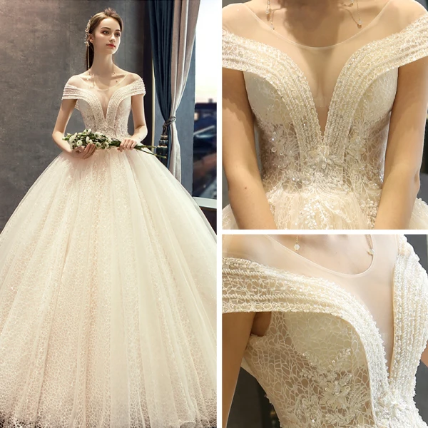 Best Champagne Lace Wedding Dresses 2019 A-Line / Princess See-through Deep V-Neck Short Sleeve Backless Beading Pearl Sequins Glitter Floor-Length / Long Ruffle