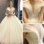 Best Champagne Lace Wedding Dresses 2019 A-Line / Princess See-through Deep V-Neck Short Sleeve Backless Beading Pearl Sequins Glitter Floor-Length / Long Ruffle