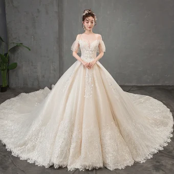 Élégant Champagne Robe De Mariée 2019 Princesse Bretelles Spaghetti Manches Courtes Dos Nu Appliques En Dentelle Perlage Perle Paillettes Glitter Tulle Cathedral Train Volants