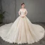 Élégant Champagne Robe De Mariée 2019 Princesse Bretelles Spaghetti Manches Courtes Dos Nu Appliques En Dentelle Perlage Perle Paillettes Glitter Tulle Cathedral Train Volants