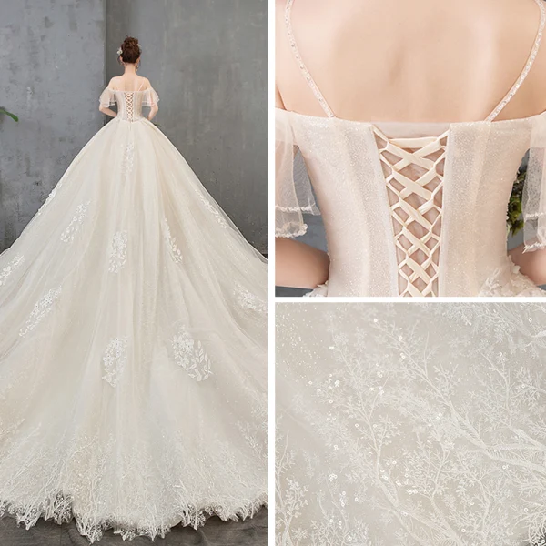 Élégant Champagne Robe De Mariée 2019 Princesse Bretelles Spaghetti Manches Courtes Dos Nu Appliques En Dentelle Perlage Perle Paillettes Glitter Tulle Cathedral Train Volants
