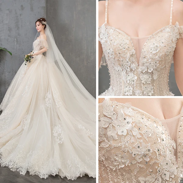 Élégant Champagne Robe De Mariée 2019 Princesse Bretelles Spaghetti Manches Courtes Dos Nu Appliques En Dentelle Perlage Perle Paillettes Glitter Tulle Cathedral Train Volants
