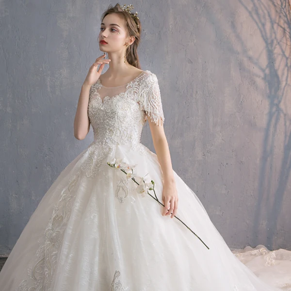 Schöne Champagner Durchsichtige Brautkleider / Hochzeitskleider 2019 A Linie Rundhalsausschnitt Kurze Ärmel Perlenstickerei Quaste Rückenfreies Applikationen Spitze Kapelle-Schleppe Rüschen