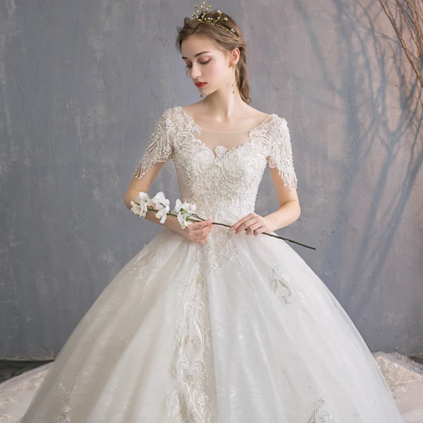 Schöne Champagner Durchsichtige Brautkleider / Hochzeitskleider 2019 A Linie Rundhalsausschnitt Kurze Ärmel Perlenstickerei Quaste Rückenfreies Applikationen Spitze Kapelle-Schleppe Rüschen