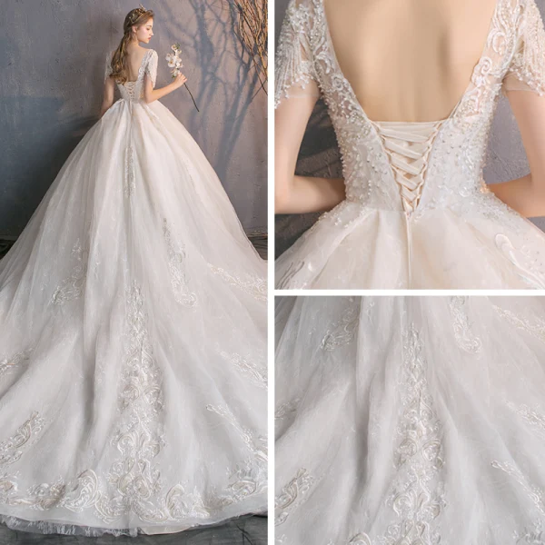 Schöne Champagner Durchsichtige Brautkleider / Hochzeitskleider 2019 A Linie Rundhalsausschnitt Kurze Ärmel Perlenstickerei Quaste Rückenfreies Applikationen Spitze Kapelle-Schleppe Rüschen
