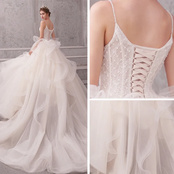 Schöne Ivory / Creme Brautkleider / Hochzeitskleider 2019 A Linie Perlenstickerei Perle Spaghettiträger Ärmellos Rückenfreies Applikationen Spitze Kapelle-Schleppe Rüschen