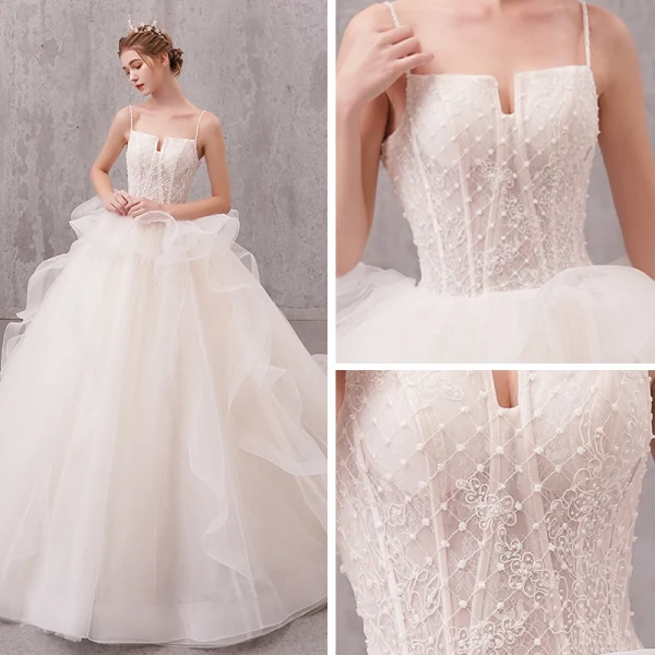 Schöne Ivory / Creme Brautkleider / Hochzeitskleider 2019 A Linie Perlenstickerei Perle Spaghettiträger Ärmellos Rückenfreies Applikationen Spitze Kapelle-Schleppe Rüschen