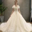 Chic Champagne Robe De Mariée 2019 Princesse V-Cou Manches Courtes Dos Nu Appliques En Dentelle Paillettes Perlage Glitter Tulle Chapel Train Volants