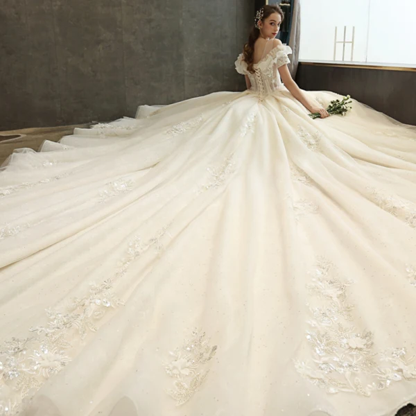 Chic Champagne Robe De Mariée 2019 Princesse V-Cou Manches Courtes Dos Nu Appliques En Dentelle Paillettes Perlage Glitter Tulle Chapel Train Volants