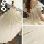 Chic Champagne Robe De Mariée 2019 Princesse V-Cou Manches Courtes Dos Nu Appliques En Dentelle Paillettes Perlage Glitter Tulle Chapel Train Volants