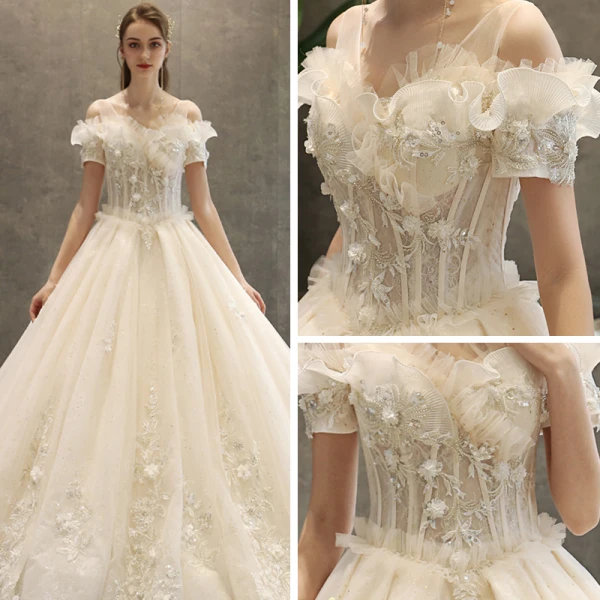 Chic Champagne Robe De Mariée 2019 Princesse V-Cou Manches Courtes Dos Nu Appliques En Dentelle Paillettes Perlage Glitter Tulle Chapel Train Volants