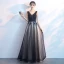 Affordable Black Evening Dresses  2019 A-Line / Princess V-Neck Sleeveless Appliques Lace Pierced Beading Pearl Floor-Length / Long Ruffle Backless Formal Dresses