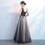Affordable Black Evening Dresses  2019 A-Line / Princess V-Neck Sleeveless Appliques Lace Pierced Beading Pearl Floor-Length / Long Ruffle Backless Formal Dresses