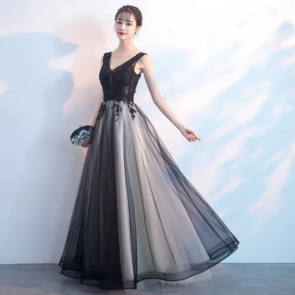 Affordable Black Evening Dresses 2019 A-Line / Princess V-Neck Sleeveless Appliques Lace Pierced Beading Pearl Floor-Length / Long Ruffle Backless Formal Dresses