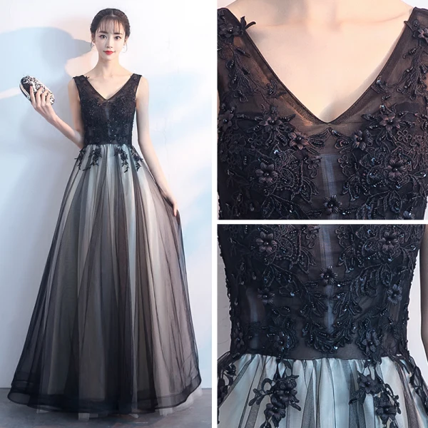 Affordable Black Evening Dresses 2019 A-Line / Princess V-Neck Sleeveless Appliques Lace Pierced Beading Pearl Floor-Length / Long Ruffle Backless Formal Dresses