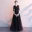 Affordable Black See-through Evening Dresses  2019 A-Line / Princess V-Neck 1/2 Sleeves Appliques Lace Sash Floor-Length / Long Ruffle Formal Dresses