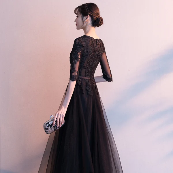 Affordable Black See-through Evening Dresses 2019 A-Line / Princess V-Neck 1/2 Sleeves Appliques Lace Sash Floor-Length / Long Ruffle Formal Dresses