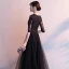 Affordable Black See-through Evening Dresses  2019 A-Line / Princess V-Neck 1/2 Sleeves Appliques Lace Sash Floor-Length / Long Ruffle Formal Dresses