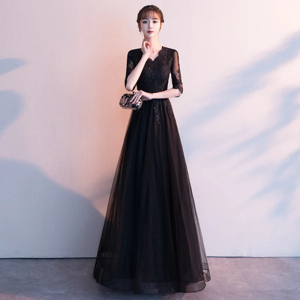 Affordable Black See-through Evening Dresses 2019 A-Line / Princess V-Neck 1/2 Sleeves Appliques Lace Sash Floor-Length / Long Ruffle Formal Dresses