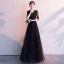 Affordable Black See-through Evening Dresses  2019 A-Line / Princess V-Neck 1/2 Sleeves Appliques Lace Sash Floor-Length / Long Ruffle Formal Dresses