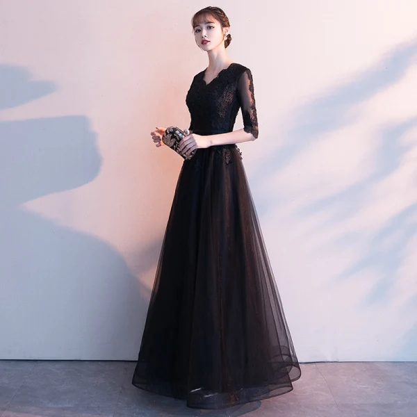 long lace formal black evening dress reviews A-Line long sleeves Tulle Lace Black Long Prom Dress, Black Lace Long –  dresstby main image 1