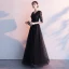 Affordable Black See-through Evening Dresses  2019 A-Line / Princess V-Neck 1/2 Sleeves Appliques Lace Sash Floor-Length / Long Ruffle Formal Dresses