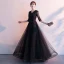 Affordable Black See-through Evening Dresses  2019 A-Line / Princess V-Neck 1/2 Sleeves Appliques Lace Sash Floor-Length / Long Ruffle Formal Dresses