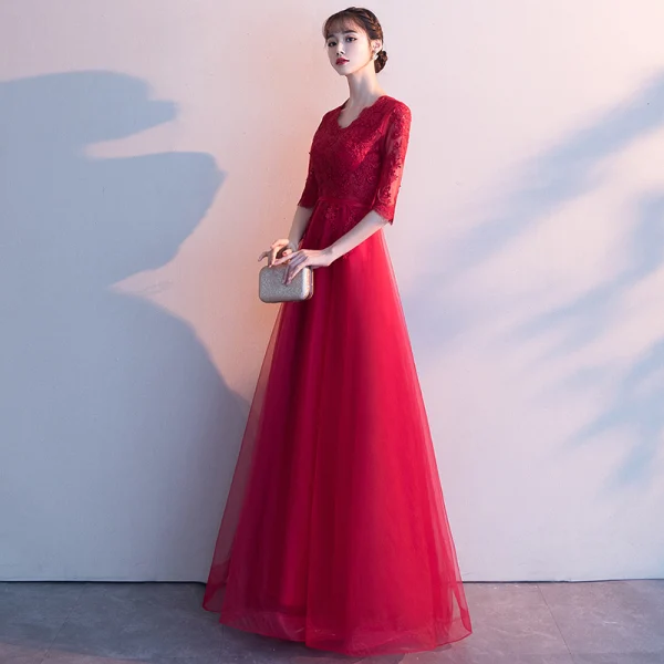 Affordable Black See-through Evening Dresses 2019 A-Line / Princess V-Neck 1/2 Sleeves Appliques Lace Sash Floor-Length / Long Ruffle Formal Dresses