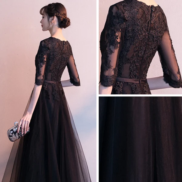 Affordable Black See-through Evening Dresses 2019 A-Line / Princess V-Neck 1/2 Sleeves Appliques Lace Sash Floor-Length / Long Ruffle Formal Dresses
