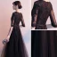 Affordable Black See-through Evening Dresses  2019 A-Line / Princess V-Neck 1/2 Sleeves Appliques Lace Sash Floor-Length / Long Ruffle Formal Dresses