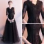 Affordable Black See-through Evening Dresses  2019 A-Line / Princess V-Neck 1/2 Sleeves Appliques Lace Sash Floor-Length / Long Ruffle Formal Dresses