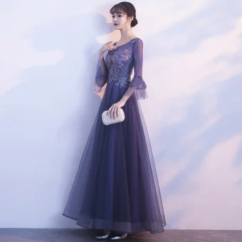 Elegant Grape Evening Dresses 2019 A Line Princess Scoop Neck Bell Sleeves Appliques Lace Beading Floor Length Long Ruffle Formal Dresses