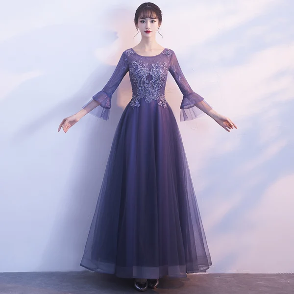 Elegant Grape Evening Dresses 2019 A-Line / Princess Scoop Neck Bell sleeves Appliques Lace Beading Floor-Length / Long Ruffle Formal Dresses