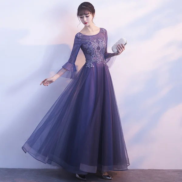 Elegant Grape Evening Dresses 2019 A-Line / Princess Scoop Neck Bell sleeves Appliques Lace Beading Floor-Length / Long Ruffle Formal Dresses