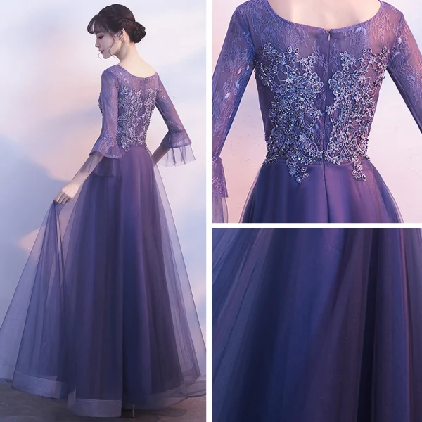 Elegant Grape Evening Dresses 2019 A-Line / Princess Scoop Neck Bell sleeves Appliques Lace Beading Floor-Length / Long Ruffle Formal Dresses