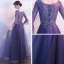 Elegant Grape Evening Dresses  2019 A-Line / Princess Scoop Neck Bell sleeves Appliques Lace Beading Floor-Length / Long Ruffle Formal Dresses